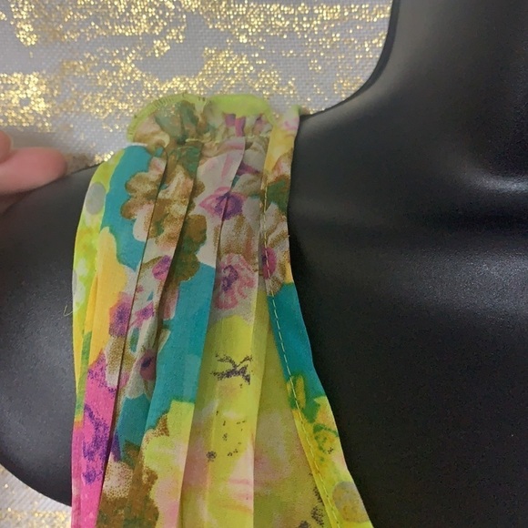 Glam & Fame Lime Floral Tunic Pleated Semi-Sheer Mini Dress Size M - Picture 3 of 11